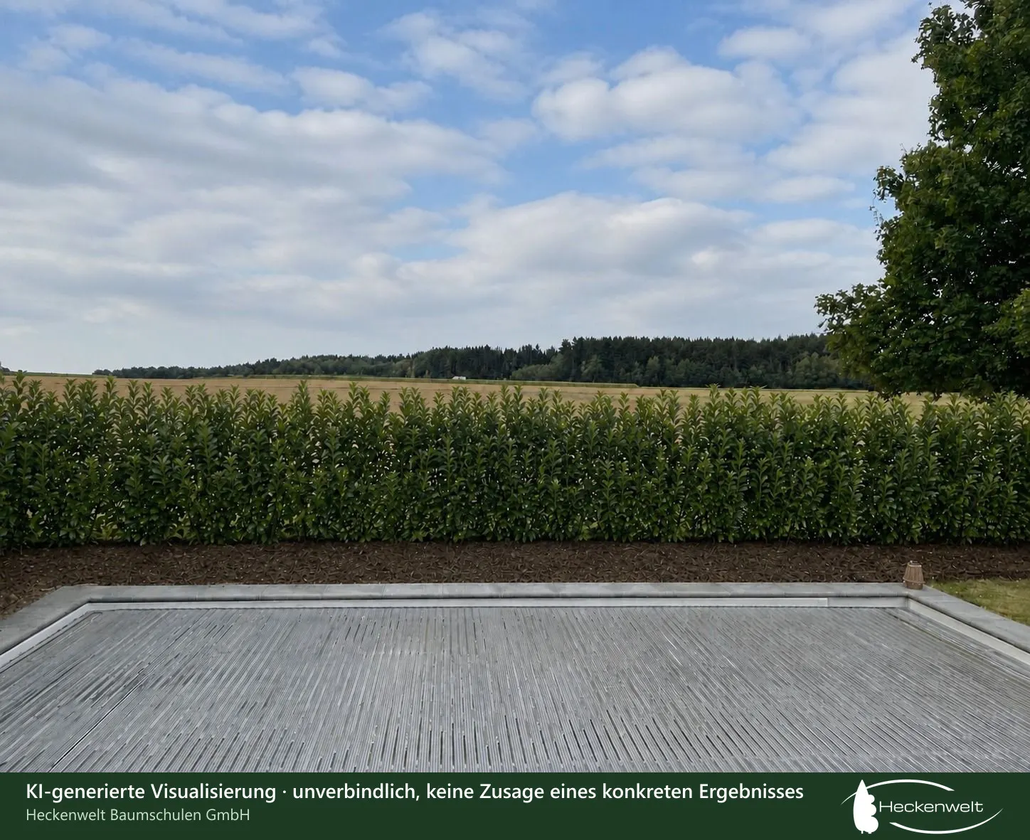 Dieselbe Terrasse mit einer dichten, blickdichten Kirschlorbeerhecke als Sichtschutz