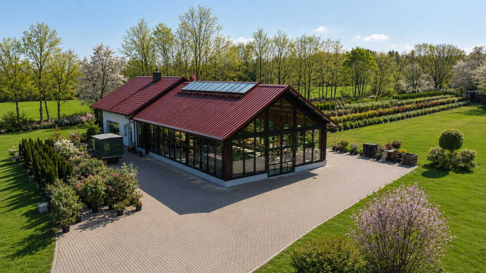 Baumschule Heckenwelt in Dießen am Ammersee aus der Luft: Glashaus und Pflanzenquartiere im Frühling