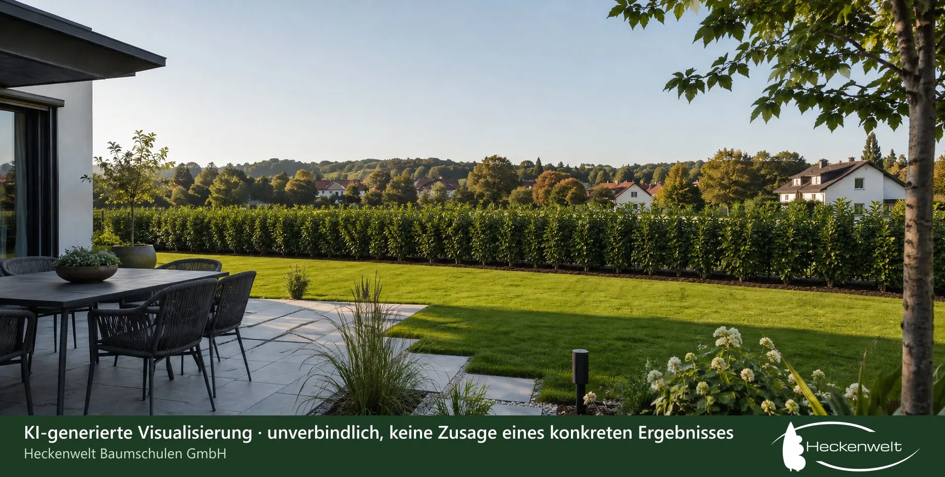 Dieselbe Terrasse, am Zaun entlang eine dichte Kirschlorbeerhecke als Sichtschutz