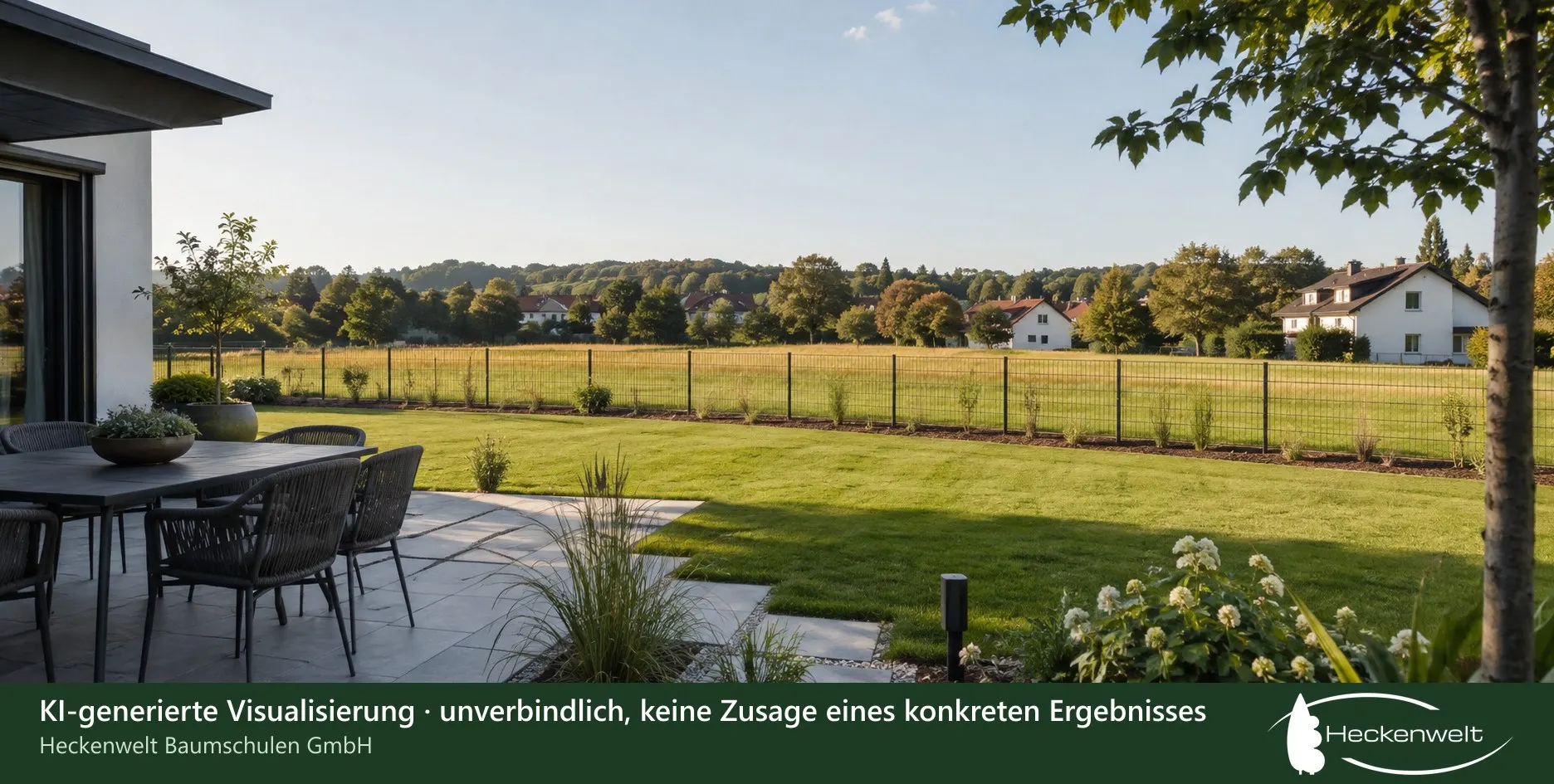 Terrasse mit Esstisch, dahinter Rasen, ein Maschendrahtzaun und offenes Feld mit Häusern am Horizont