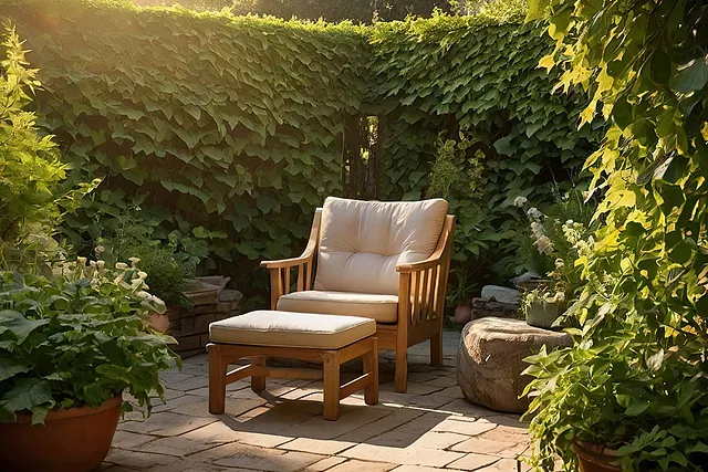 Relax-Outdoorstuhl mit Hocker und Hecke im Hintergrund im Garten